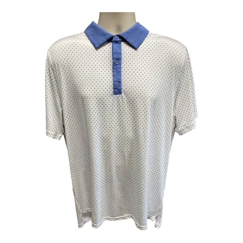Graham Luxe Lennox Polo Shirt Mens LARGE White Blue Square All Over Print NWT